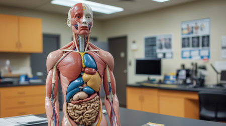 An educational scene featuring a human body mannequin with removable organs, used for teaching purposes in a classroom or medical training environment.の素材