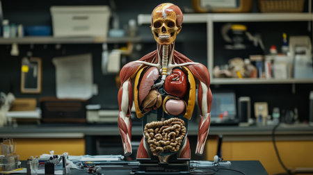 An educational scene featuring a human body mannequin with removable organs, used for teaching purposes in a classroom or medical training environment.の素材