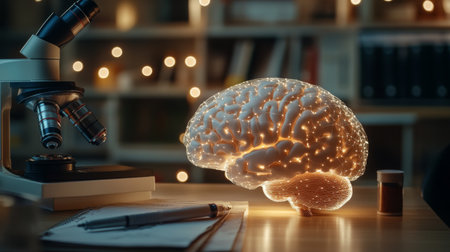 An image of a brain model with various neurological connections highlighted, placed on a desk with educational books and a microscope in the background.の素材