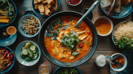 An overhead shot of a bowl of hot on a dining table, surrounded by traditional Thai side dishes and condiments, creating a vibrant and inviting meal spread.の素材