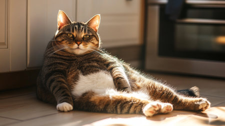 An obese cat lounging in a sunbeam on a kitchen floor, with a look of absolute relaxation and contentment.の素材