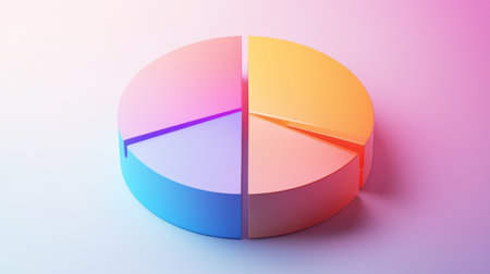 An overhead view of a 3D pie chart with clearly defined slices and vibrant colors, set on a clean, bright background to emphasize the chart's detail and depth.の素材