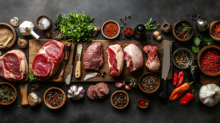 An overhead view of a variety of raw meats, including beef, chicken, and pork, arranged on a butcher block with spices, herbs, and cooking tools.の素材