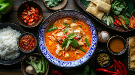 An overhead shot of a bowl of hot on a dining table, surrounded by traditional Thai side dishes and condiments, creating a vibrant and inviting meal spread.の素材