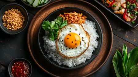 An overhead shot of a traditional Thai breakfast plate featuring, with perfectly fried eggs in a small pan, accompanied by rice and a variety of condiments.の素材