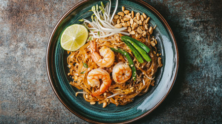 An overhead shot of a plate of pad Thai, featuring stir-fried noodles with shrimp, bean sprouts, peanuts, and a wedge of lime, served on a traditional Thai plate.の素材