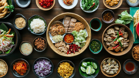 An overhead view of served with an assortment of Thai condiments and side dishes, creating a colorful and appetizing spread on a traditional Thai dining table.の素材