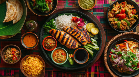 An overhead shot of a meal featuring with various Thai dishes, such as grilled chicken, vegetables, and dipping sauces, arranged on a vibrant dining table.の素材