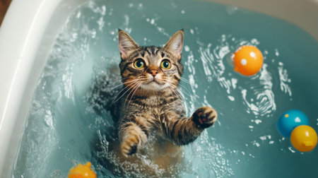An overhead view of a cat playing with bath toys in a tub, with water splashing around and the cat playful interaction making for a fun and engaging scene.の素材