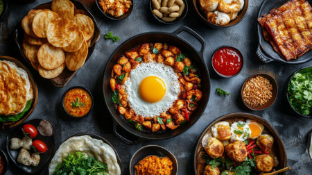 An overhead view of a breakfast spread featuring with a focus on the small pan and its delicious contents, surrounded by additional Thai breakfast dishesの素材
