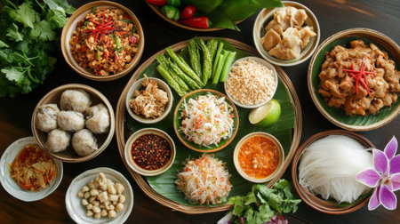 An overhead view of served with an assortment of Thai condiments and side dishes, creating a colorful and appetizing spread on a traditional Thai dining table.の素材