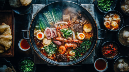 An overhead view of a hot pot with an assortment of meat, seafood, and vegetables cooking in a flavorful broth, surrounded by small bowls of dipping sauces.の素材
