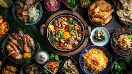 An overhead view of a breakfast spread featuring with a focus on the small pan and its delicious contents, surrounded by additional Thai breakfast dishesの素材