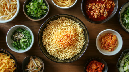 An overhead view of a table set with various instant noodle flavors and toppings, with bowls of prepared noodles ready to be served.の素材