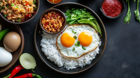 An overhead shot of a traditional Thai breakfast plate featuring, with perfectly fried eggs in a small pan, accompanied by rice and a variety of condiments.の素材