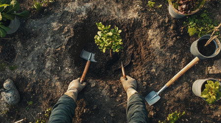 An overhead view of a person digging a hole for planting a tree, with gardening tools and a young sapling ready for planting, set on a well-prepared garden area.の素材