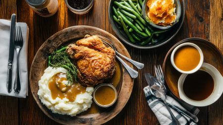 An overhead view of a hearty meal featuring fried chicken, mashed potatoes, gravy, and a side of green beans, served on a rustic wooden table.の素材