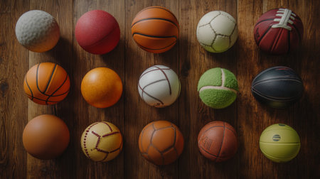 An overhead view of a variety of balls, including a basketball, tennis ball, and football, arranged neatly on a wooden floor, showcasing different textures and colors.の素材