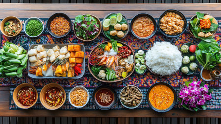 An overhead view of served with an assortment of Thai condiments and side dishes, creating a colorful and appetizing spread on a traditional Thai dining table.の素材