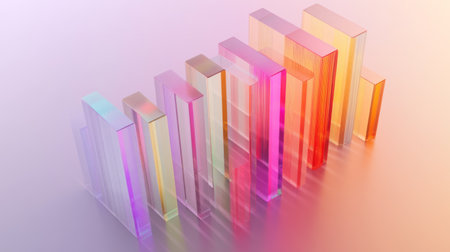 An overhead view of a 3D bar graph with translucent bars, showcasing data in different colors and heights, set against a sleek, neutral background.の素材