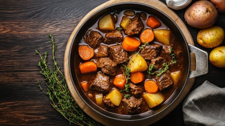 An overhead view of a traditional meat stew simmering in a pot, with chunks of beef, carrots, potatoes, and herbs, ready to be served in a cozy kitchen setting.の素材