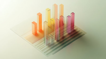 An overhead view of a 3D bar graph with translucent bars, showcasing data in different colors and heights, set against a sleek, neutral background.の素材