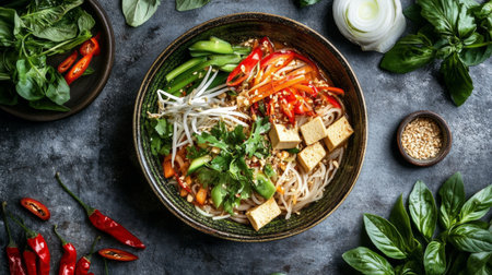 An overhead view of a traditional Thai noodle dish with mixed vegetables, tofu, and a savory sauce, served with a side of fresh herbs and sliced chilies.の素材