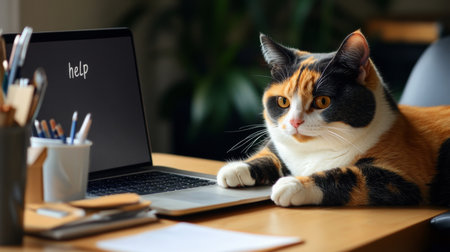 An overweight calico cat lying next to a laptop on a desk, appearing to "help" with work, surrounded by stationary and a coffee cup.の素材