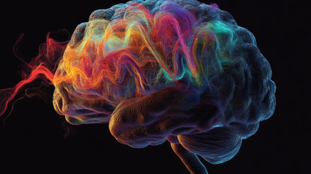 An artistic rendering of a human brain with colorful, flowing neural pathways, illustrating complex cognitive processes and mental activity.の素材
