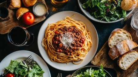 An overhead view of a casual Italian meal featuring a large serving of spaghetti with a classic meat sauce, accompanied by a side of green salad and crusty bread.の素材