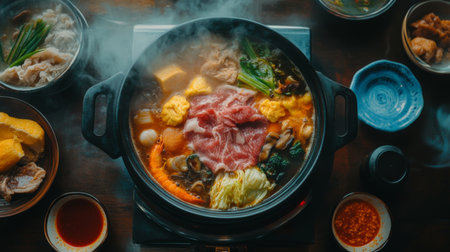 An overhead view of a hot pot with an assortment of meat, seafood, and vegetables cooking in a flavorful broth, surrounded by small bowls of dipping sauces.の素材
