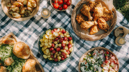 An overhead shot of a picnic spread with fried chicken, potato salad, and fresh fruit, laid out on a checkered blanket in a sunny outdoor setting.の素材