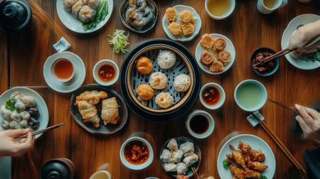 An overhead view of a table set for dim sum with various arranged neatly on plates, accompanied by dipping sauces and tea cups.の素材