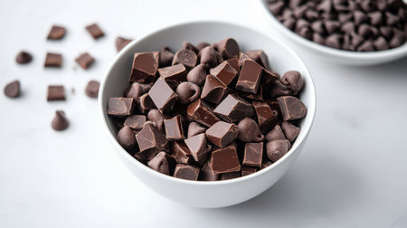 A bowl of chocolate chips and chunks on a white countertop, ready for baking or snacking, showcasing their versatile use in various recipes.の素材