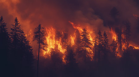 A burning forest, with trees engulfed in flames and thick smoke filling the sky, highlighting the increase in wildfires linked to global warming.の素材