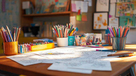 A child workspace filled with coloring tools, including crayons, markers, and a variety of coloring pages, creating a fun and creative environment.の素材