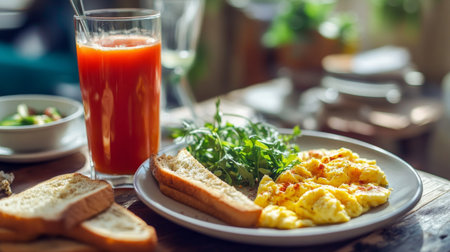 A breakfast table set with a glass of tomato juice, scrambled eggs, and toast, capturing the perfect morning routine with a healthy, nutritious start to the day.の素材