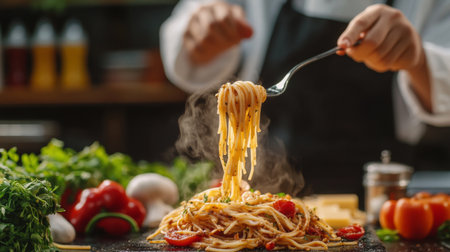 A chef twirling a fork full of spaghetti in a restaurant kitchen, with a background of cooking ingredients and sauces, highlighting the preparation process.の素材