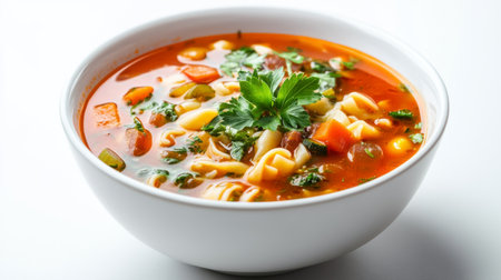 A bowl of Italian minestrone soup with vegetables and pasta, garnished with fresh herbs, presented on a white background to emphasize the vibrant colors and hearty texture.の素材