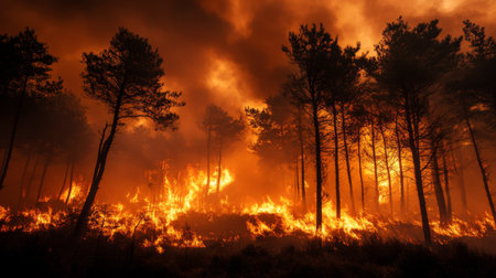 A burning forest, with trees engulfed in flames and thick smoke filling the sky, highlighting the increase in wildfires linked to global warming.の素材