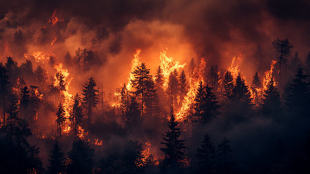 A burning forest, with trees engulfed in flames and thick smoke filling the sky, highlighting the increase in wildfires linked to global warming.の素材