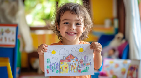 A cheerful child proudly holding up a completed coloring page with bright, colorful drawings, showcasing their artistic achievements.の素材