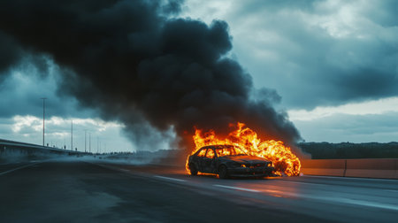 A car burning on the side of a highway, with thick black smoke rising into the sky, depicting the chaos and urgency of an emergency situation.の素材