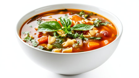 A bowl of Italian minestrone soup with vegetables and pasta, garnished with fresh herbs, presented on a white background to emphasize the vibrant colors and hearty texture.の素材