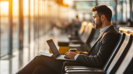 A business traveler preparing for a flight, seated in an airport lounge with a laptop and coffee, working while waiting for the boarding call, highlighting modern travel for work.の素材