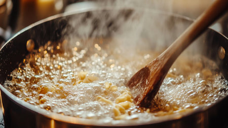 A close-up of a pot with pasta boiling and bubbles rising, with a wooden spoon stirring the contents, illustrating the preparation of a classic Italian dishの素材