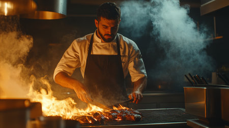 A chef in a restaurant kitchen grilling meat over an open flame, with smoke rising from the grill, capturing the energy and intensity of professional cooking.の素材