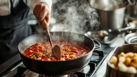 A chef stirring a delicious stew in a large, cast-iron pot on a stove, with steam rising from the pot, capturing the process of cooking in a professional kitchen.の素材