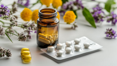 A close-up of a bottle of herbal medicine and a blister pack of tablets, placed on a white background to highlight natural and traditional remedies for common ailments.の素材