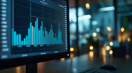 A close-up of a financial bar chart displayed on a computer screen, showing various data points and trends, with a modern office environment in the background.の素材